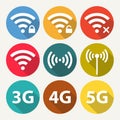 Wifi and wireless icon set for remote internet access. Podcast vector symbols in flat style. 3G, 4G and 5G technology signs Royalty Free Stock Photo